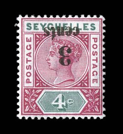 22a, 1893 3 cents surcharge on 4c Carmine rose and green, inverted overprint, pristine mint example, deep rich colors, o.g., l.h., very fine 1954 RPS certificate (S.G. 15a
£300).