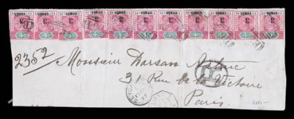 22a, 1893 3 cents surcharge on 4c Carmine rose and green, inverted overprint, a spectacular registered cover front franked with eleven single examples all with inverted
surcharges, all cancelled by B30 barred numeral cancels, matching S