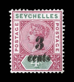 22b, 1893 3 cents surcharge on 4c Carmine rose and green, double overprint, two strong and distinct impression of the surcharge, well centered, o.g., small tear at top, very
fine appearance 1994 BPA certificate (S.G. 15b £475).