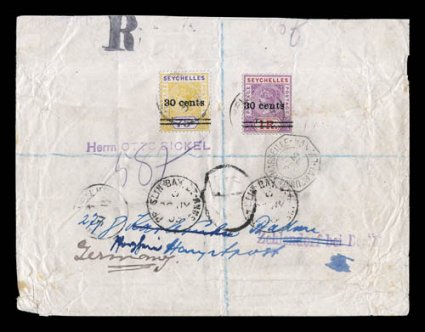 34,35, 1902 30 cents on 75c and 30 cents on 1R Surcharges, tied to 1903 registered cover from Paslin Island to Germany (redirected on arrival) by Seychelles c.d.s., bearing
very rare Paslin provisional registration label on reverse, with