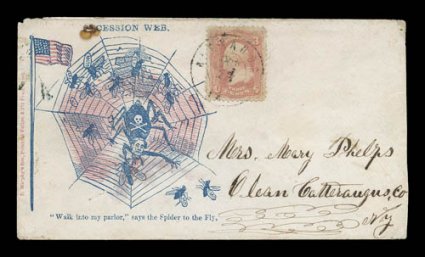 Spider web in blue and red, with Secession Web. and Walk into my parlor... imprints, 3c Rose pink (64b) tied by light Alexandria, Va. c.d.s. on cover to New York, cover with
small stain at top and trivial edge wear at top left, otherwise qui