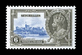 S.G. 128e, 1935 6p Silver Jubilee, double flagstaff variety, exceptionally well centered, o.g., l.h., a very fine example of this scarce variety (Scott 118
var.).