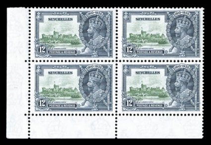 S.G. 129a, 1935 12p Silver Jubilee, extra flagstaff variety, the top left stamp in a bottom left corner sheet-margin block of four (pos. 91), excellent centering, strong fresh
colors, o.g., lightly hinged, a very fine and exceedingly choice exa