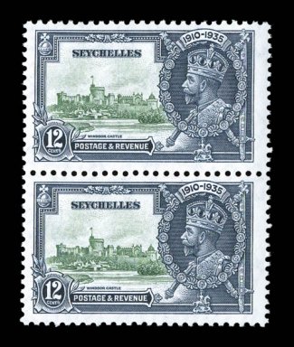 S.G. 129c, 1935 12p Silver Jubilee, lightning conductor variety, the bottom stamp in a vertical pair, post office fresh, large margins, o.g., n.h., very fine among the rarest
of all highly collectible Silver Jubilee varieties, particularl