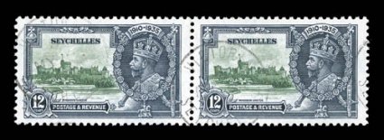 S.G. 129d, 1935 12p Silver Jubilee, flagstaff on right-hand turret variety, left stamp in horizontal pair, used, light strikes of town c.d.s., well centered, very fine most
unusual and scarce used, particularly in a pair with a normal stamp (Sc