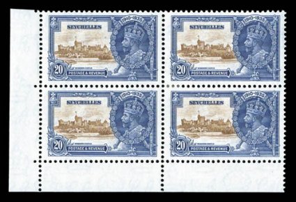S.G. 130a, 1935 20p Silver Jubilee, extra flagstaff variety, the top left stamp in a bottom left corner sheet-margin block of four, excellent centering and margins, o.g.,
l.h., very fine and handsome example of this scarce variety (Scott 120 va
