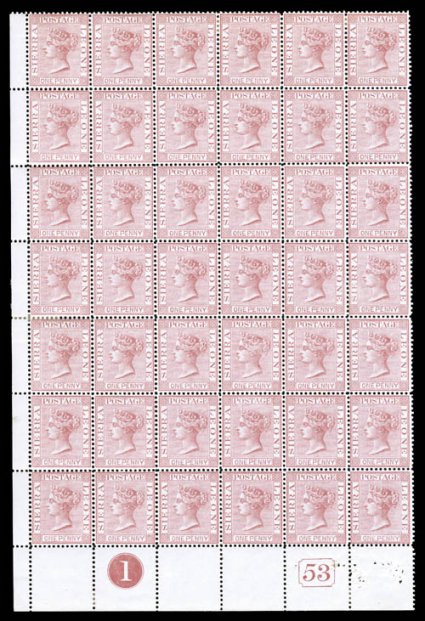 12, 1876 1p Rose, bottom left corner margin block of 42 (6x7), with control no. 1 in bottom selvage, exceedingly fresh, well centered, o.g., top row with h.r.s and a tiny
hinged sliver reinforcing perfs. between two stamps at left, otherwise al