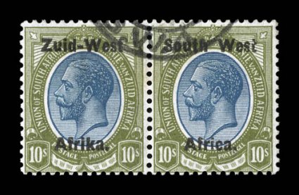 11, 1923 10- Olive green and blue, first setting, used horizontal pair, stunning prooflike color and impression on fresh white paper, unobtrusive cancel at top, overall a very
fine example of this scarce stamp, which is especially challenging t