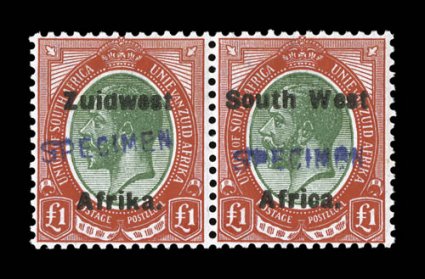 35S-40S, 1924 1-, 10- and £1 King George V, setting VI, with handstamped Specimen, cplt. set of the three values that come with a Specimen overprint, bright colors, o.g.,
lightly hinged, very fine a scarce specimen set (S.G. 35s-40s).