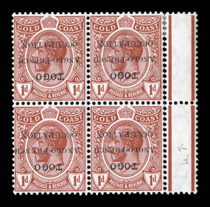 67b, 1915 1p Scarlet Anglo-France Occupation overprint, variety inverted overprint, right margin block of four, with the bottom right stamp additionally being the small F in
French variety, strong color, o.g., bottom stamps never hinged, mar