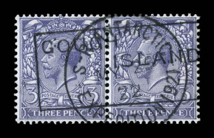 1921 Shackleton-Rowett c.d.s postmarks on horizontal pairs of Great Britain 12p, 1 12p and 3p King George V stamps, the first two with additional boxed Tristan da Cunha
handstamps and the latter with boxed Gough Island handstamp, fine-very