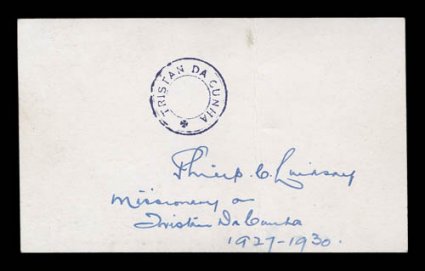 S.G. C7, Tristan Da Cunha violet handstamp, cachet VI, the extremely rare type without the break in the inner ring, a choice complete strike on a post card that was enclosed
at one time within another envelope, signed twice (once on front and