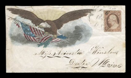 Eagle and flag large multicolored Magnus design, 3c Dull red (26) tied by indistinct c.d.s. on cover to Maine, cover with a few edge tears, otherwise very fine a rare and
beautiful unlisted Magnus design.