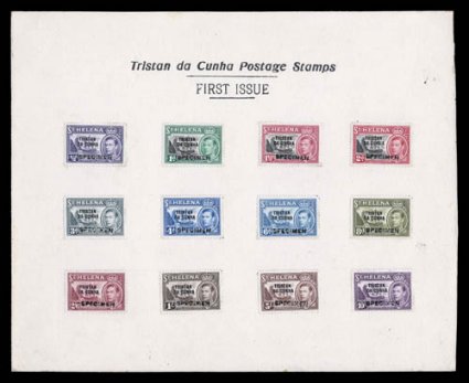 1S-12S, 1952 12p to 10- Tristan da Cunha overprints, each with sans-serif SPECIMEN handstamp, the complete set of twelve values each affixed to a large Post Office Notice
thick card measuring 249x222mm, with printed inscription at top Tri