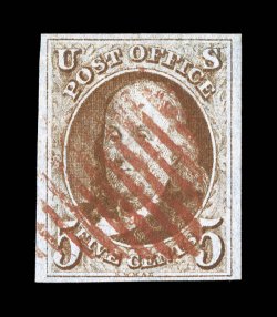 1b, 5c Orange brown, used, full to large margins all around, attractive rich color, bright red grid cancel, extremely fine 1999 PF certificate and a 2008 PSE certificate (VF-XF
85 SMQ $1,000.00).