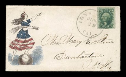 Lady Liberty dressed in flag, (Walcott 2312) with 1857 10c Green (35) tied by Iowa Bar, Cal. c.d.s on especially fresh cover to Dunbarton, N.H., extremely fine and choice a
beautiful patriotic cover that is especially scarce with the 10c value