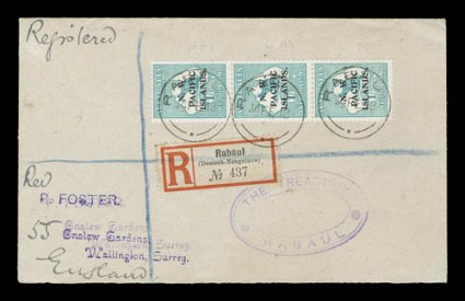 North West Pacific Islands cover lot of seven covers, all are registered covers to England, franked with either Kangaroo overprints, King George V overprints, or a combination
of both, with frankings ranging from 4 12p to 3- (strip of three of