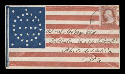 Flag with stars in circle all-over design (Walcott 2827), 3c Dull red (26) tied by Memphis, Tenn. c.d.s. on cover to Philadelphia, cover with small tear at right and tiny part
of flap missing, otherwise very fine an extremely rare usage