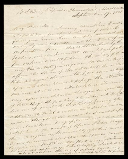 September 19, 1838 Cover and complete letter written aboard the U.S. Brig Porpoise while on the 1838-42 Exploration of the Antarctic, one of the few known pieces of mail from
the first official United States exploring expedition to include Anta