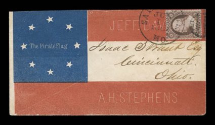 The Pirate Flag, multi-colored all-over design mocking the Confederate patriotic design, with Jeff. Davis and A.H. Stephens, 3c Dull red (26) tied by St. Louis, Mo. July 11,
1861 c.d.s. on cover to Cincinnati, the flap features an embossed
