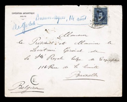 1897-99 Belgian Antarctic Expedition, matching pair of 1899 covers to Brussels, each with small imprint Expedition AntarctiqueBelge at top left, and each bearing various
Argentinean 1892-95 adhesives which are tied by indistinct c.d.s., both a