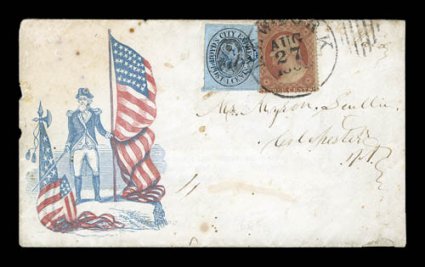 Officer in full dress with flags (Walcott 1886), 3c Dull red (26) and 1c Black on dull blue Boyds City Express local (20L18) tied by New YorkAug 27 1861 c.d.s., local stamp
additionally cancelled Paid in blue, slightly reduced at rig