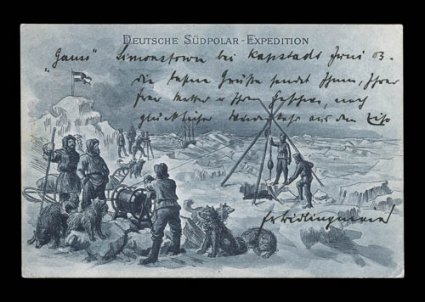 1901-03 German Gauss Antarctic Expedition, 1903 expedition post card franked with Cape of Good Hope 1p adhesive and tied by Cape-Town10 Ju 03 pmk., written by expedition
member Emil Kuhnert to Germany, posted on the return trip in 1903, a ve