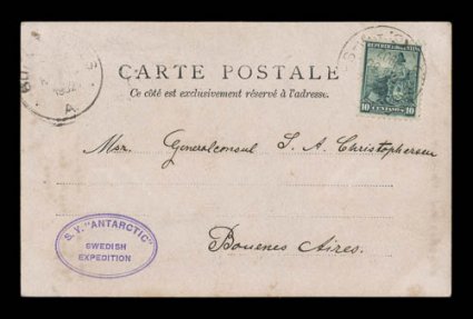 1901-03 Swedish South Polar Expedition, 1902 real photographic post card depicting all of the members of the expedition, written by C.A. Larsen, Captain of the Antarctic, at
Tierra del Fuego and addressed to Buenos Aires, bearing Argentina 18