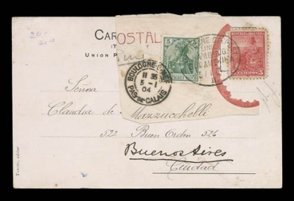 1901-03 Swedish South Polar Expedition, handpainted picture post card of Dr. Nordenskjold, November 1903, signed personally by Nordenskjold and dated December 12, 1903, mailed
to Buenos Aires with a most peculiar and unique franking, consisting o