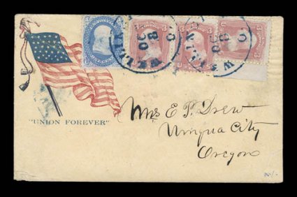 Union Forever imprint below flag (Walcott 2975 var.), 1c Blue (63), horizontal pair and right margin single of 3c Rose pink (64b) tied by blue Wellington, Ohio c.d.s. postmarks
on cover to Oregon, slightly reduced at right, otherwise very fi
