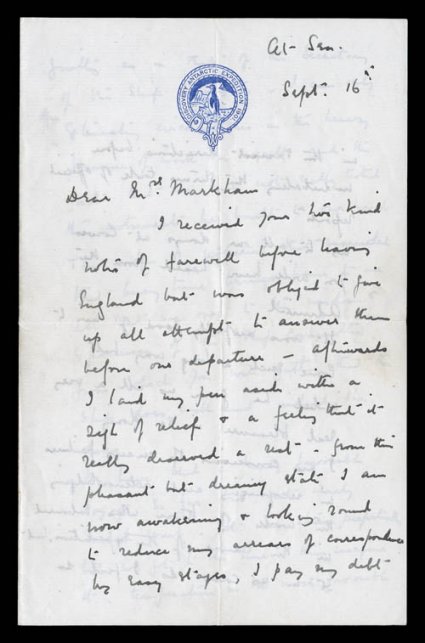 1901-04 British National Antarctic Expedition, March 25, 1902 expedition envelope, with blue engraved Discovery Antarctic Expedition 1901 crest on reverse, sent from New
Zealand by Robert Scott himself to Admiral A.B. Markham in London, franked