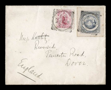 1901-04 British National Antarctic Expedition, March 25, 1902 expedition envelope, with blue engraved Discovery Antarctic Expedition 1901 crest on reverse, sent from New
Zealand to a Miss Koettlitz in England, from her father who was the ships