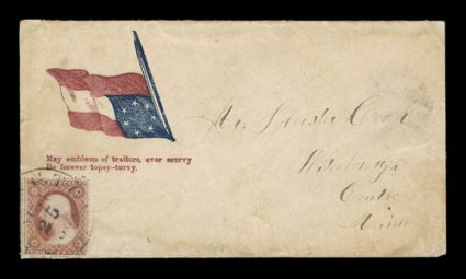 Flag of Distress, with imprint May emblems of traitors, ever scurvyBe forever topsy-turvy in red below (Walcott 2863), 3c Dull red (26) tied by light 1861 c.d.s. on cover to
Maine, cover with slight soiling, fine and quite scarce ex-Walco