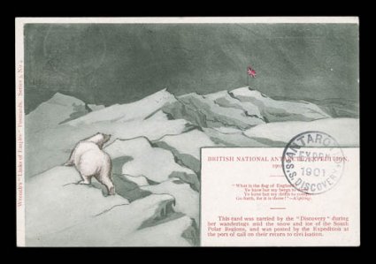 1901-04 British National Antarctic Expedition, handsome group of four different Wrenchs Links of Empire post cards of the expedition, one picturing Commander Scott and the
Discovery, another of a polar bear investigating the Union Jack fla