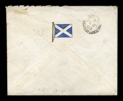 1902-04 Scottish National Antarctic Expedition, July 26, 1903 cover with colored badge of the expedition on back flap, addressed to Scotland by Alistair Ross, the taxidermist
and member of the summer party at the South Orkneys, franked with Falkl