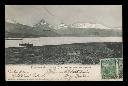 1902-04 Scottish National Antarctic Expedition, 1904 picture post card of Panorama of Ushuaia, sent by Captain Thomas Robertson of the Scotia from the Falkland Islands with 1p
Victoria tied by double ring Falkland IslandsFe 2404 c.d.s.,