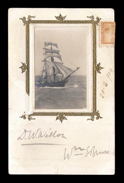 1902-04 Scottish National Antarctic Expedition, small specialized group of interesting pieces from this lesser known expedition, includes six picture post cards (several of
which are used, including a rare real picture of the Scotia tipped o