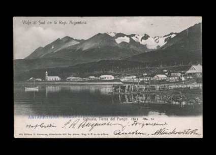 1903 Swedish Antarctic Rescue Expedition, 1903 picture post card showing Ushuaia in Tierra del Fuego (different view from the previous lot), sent from Ushuaia to Buenos Aires,
bearing Argentina 1899 5c adhesive, with rare blue straight line An