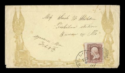 Flags and Cannons design at right and left in olive color on a yellow envelope, 3c Rose (65) tied by St. Louis, Mo. c.d.s. on cover to Illinois, slight edge wear but overall
very fine a rare design that we cannot find in any of the major patrio