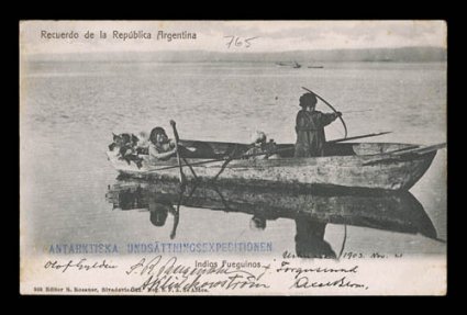 1903 Swedish Antarctic Rescue Expedition, 1903 picture post card showing natives in fishing boat in Tierra del Fuego, sent from Ushuaia to Buenos Aires, bearing Argentina 1899
5c adhesive, with rare blue straight line Antarktiska Undsattingsex