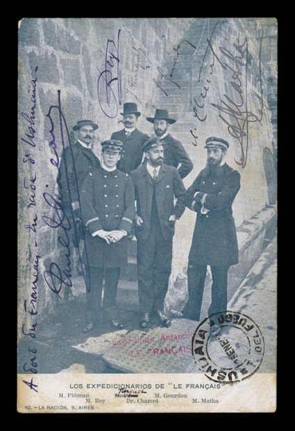 1903-10 French Antarctic Expeditions, picture post card of La Nacion No. 42 in blue print, Los Expedicionarios de Le Francais, depicting Dr. Charcot and other officers,
manuscript notation on picture side A bord du Francais - en rade dUshu