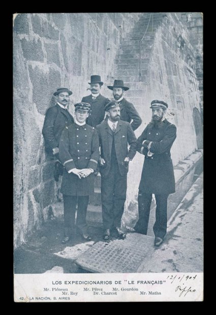 1903-10 French Antarctic Expeditions, picture post card of La Nacion No. 42 in blue print, Los Expedicionarios de Le Francais, depicting Dr. Charcot and other officers,
similar card to the previous lot, used with two Argentina 1c and 5c adhe