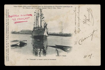 1903-10 French Antarctic Expeditions, French picture post card illustrating the ship Le Francais, published by Boyer, addressed to Spain and bearing, on the address side,
Argentina 1901 5c which is tied by partial Buenos AiresAbr 31905 c.