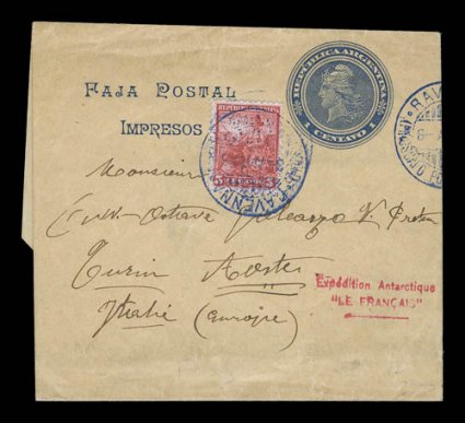 1903-10 French Antarctic Expeditions, most unusual 1905 1c Argentina newspaper wrapper addressed to Italy, additionally franked with Argentina 5c adhesive which is tied by
slightly blurred strike of blue Italian RavennaPiroscafo Postale Italian