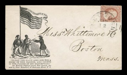 Slaves Contraband Of War imprint in scroll of black design with Thos. Hamilton advertising imprint at bottom (Walcott 1106), 3c Dull red (26) tied to fresh cover by c.d.s.
postmark, addressed to Boston, trivial flap tear, very fine.