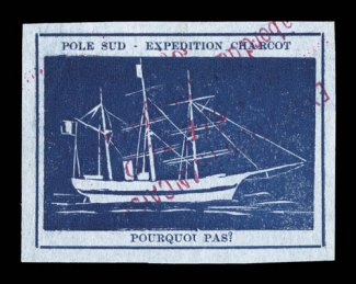 1903-10 French Antarctic Expeditions, 1908 blue expedition vignette inscribed Pole Sud - Expedition Charcot at top and Pouquoi Pas? at bottom, a similarly used example,
lightly cancelled with red straight line cancel, large margins all around