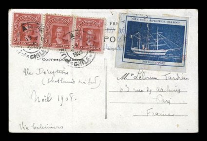 1903-10 French Antarctic Expeditions, 1908 blue expedition vignette inscribed Pole Sud - Expedition Charcot at top and Pouquoi Pas? at bottom, four large to very large
margins, tied to expedition picture post card depicting penguins sunning t