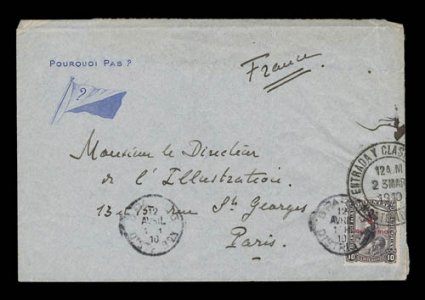 1903-10 French Antarctic Expeditions, rare 1910 cover sent from a crew member aboard the Pourquoi Pas using the ships stationery, with handsome ships imprint in blue at top
left corner of the cover, posted to France with Uruguay 10c adhesiv