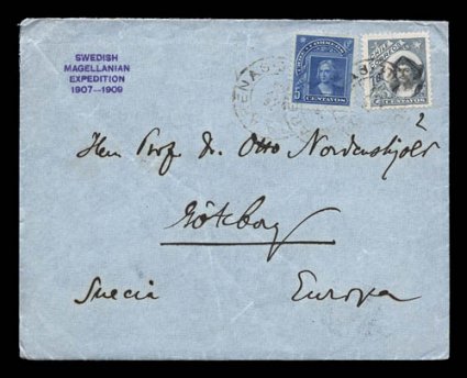 1907-09 Swedish Magellanian Expedition, May 1908 cover and original letter on expedition stationery from Carl Skottsberg to Otto Nordenskjold in Sweden, posted with Chilean
franking of 5c and 10c adhesives at Punta Arenas on May 16, cover with su