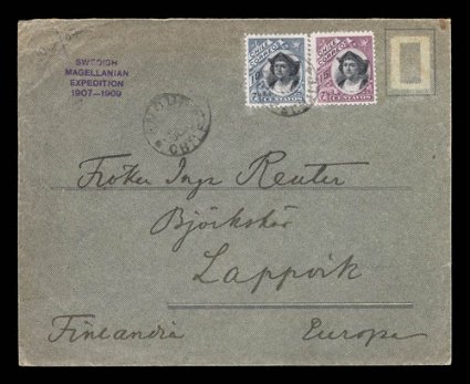 1907-09 Swedish Magellanian Expedition, mid -1908 cover sent to Lappvik, Finland, bearing Chile 1905 10c and 15c adhesives which are tied by light Ancud c.d.s., with excellent
strike of violet four line SwedishMagellanianExpedition1907-1909